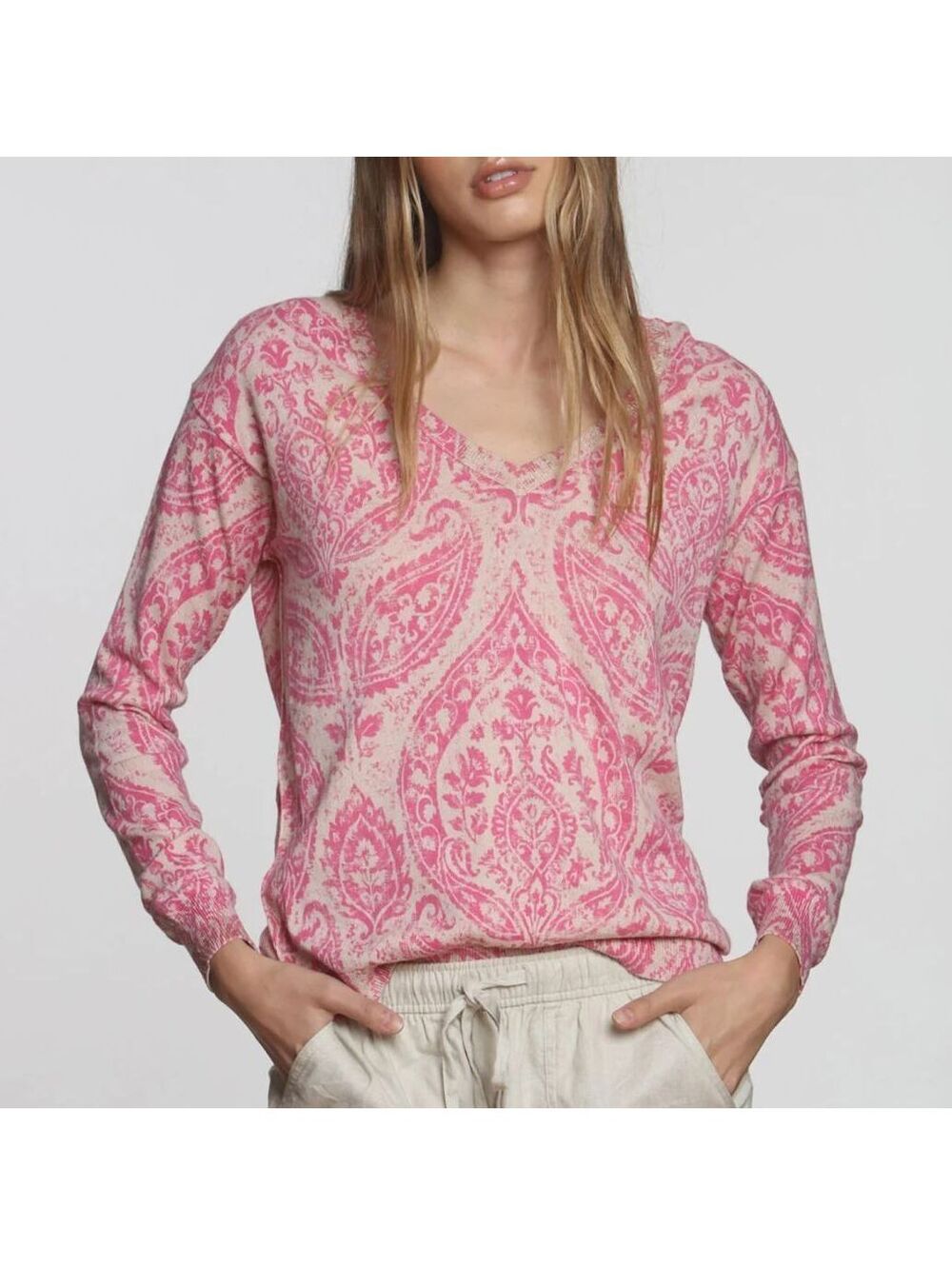 Label + Thread Medium $225 Pink Paisley 100% Cotton Soft VNeck Pullover Sweater